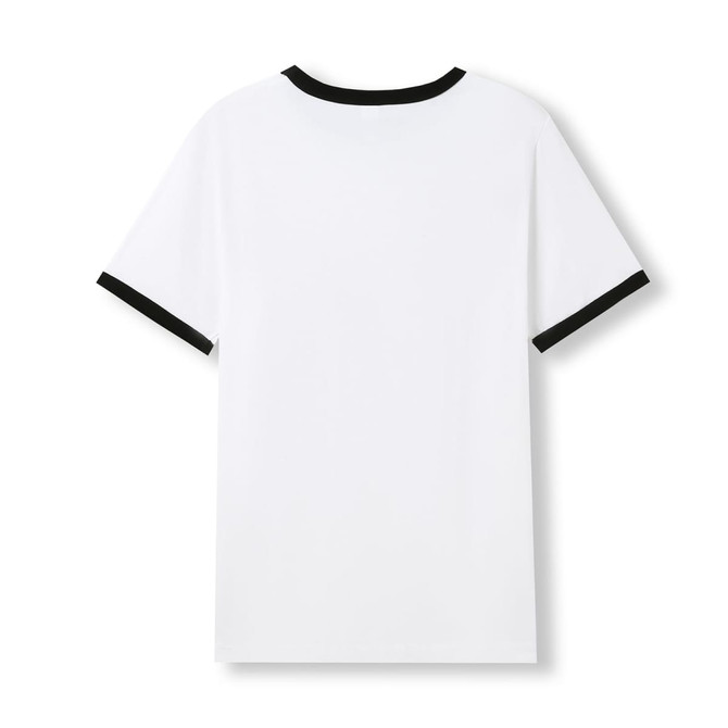 A white unisex ringer T-shirt featuring black trim around the neckline and sleeves. The back view showcases the design.