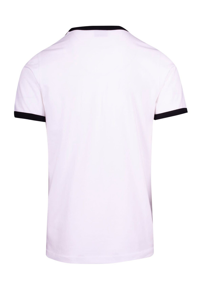 A white unisex ringer T-shirt featuring black trim around the neckline and sleeves. The back view showcases the design.