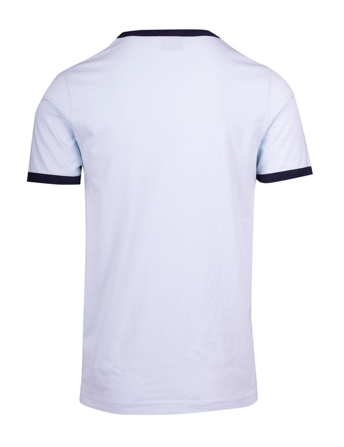 A light blue unisex ringer t-shirt with navy blue trim on the collar and sleeves, featuring a logo.