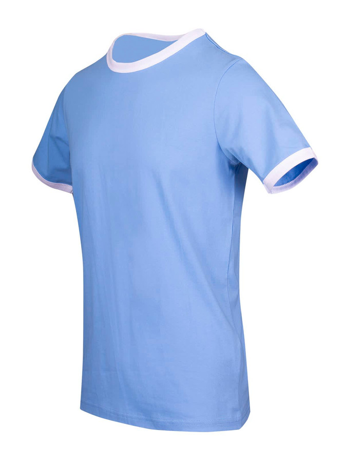 A blue unisex ringer T-shirt with white contrasting collar and sleeve edges, featuring a logo.