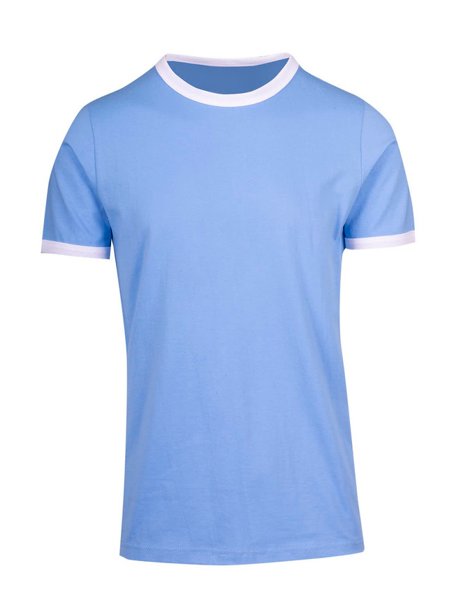A blue ringer T-shirt featuring white collar and sleeve trims. It has a logo on the front.