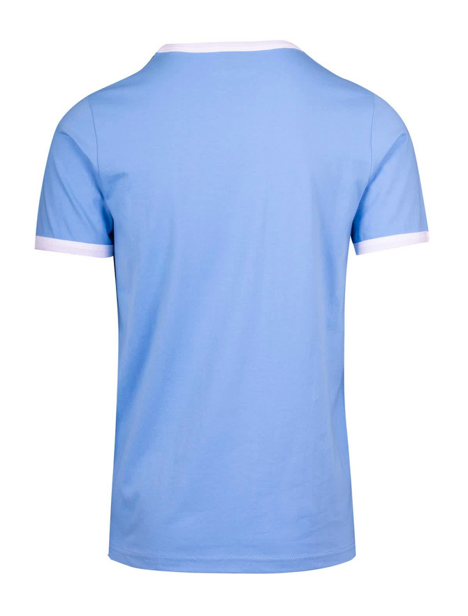 A blue unisex ringer T-shirt featuring white trims around the neckline and sleeves. The back view highlights its smooth finish.