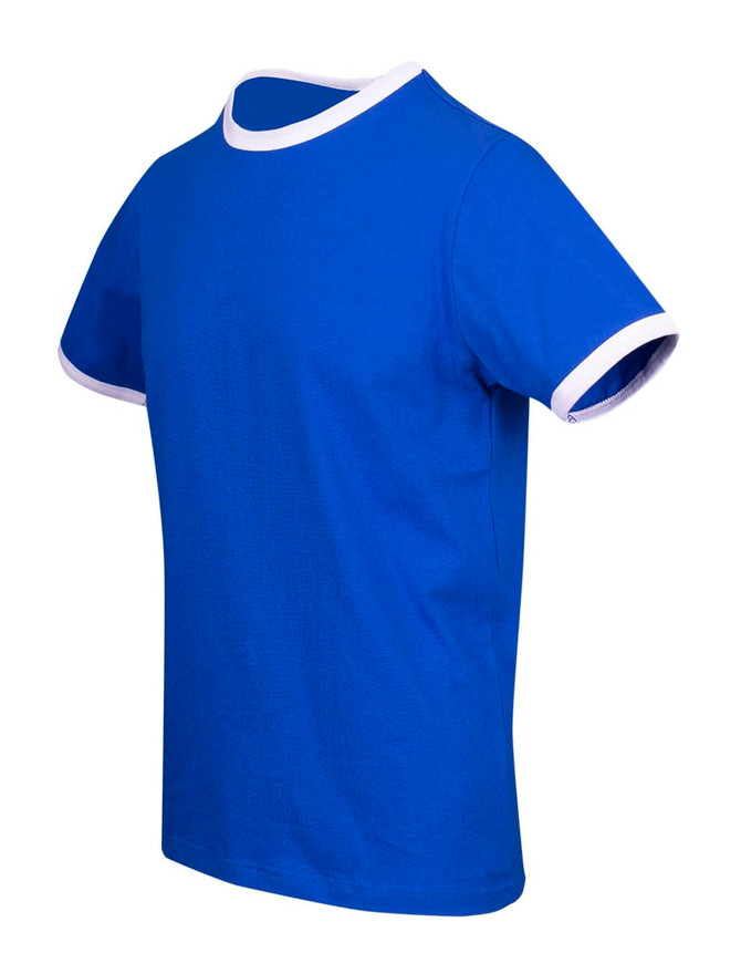 A blue unisex ringer T-shirt with white trim on the collar and sleeves, featuring a logo.