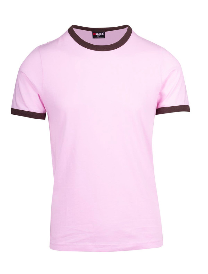 A pink ringer T-shirt with brown trim, featuring a logo at the neck.