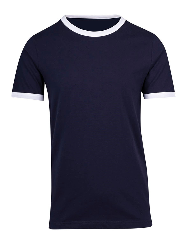 A navy blue ringer T-shirt with white trim on the collar and sleeves. It features a logo.