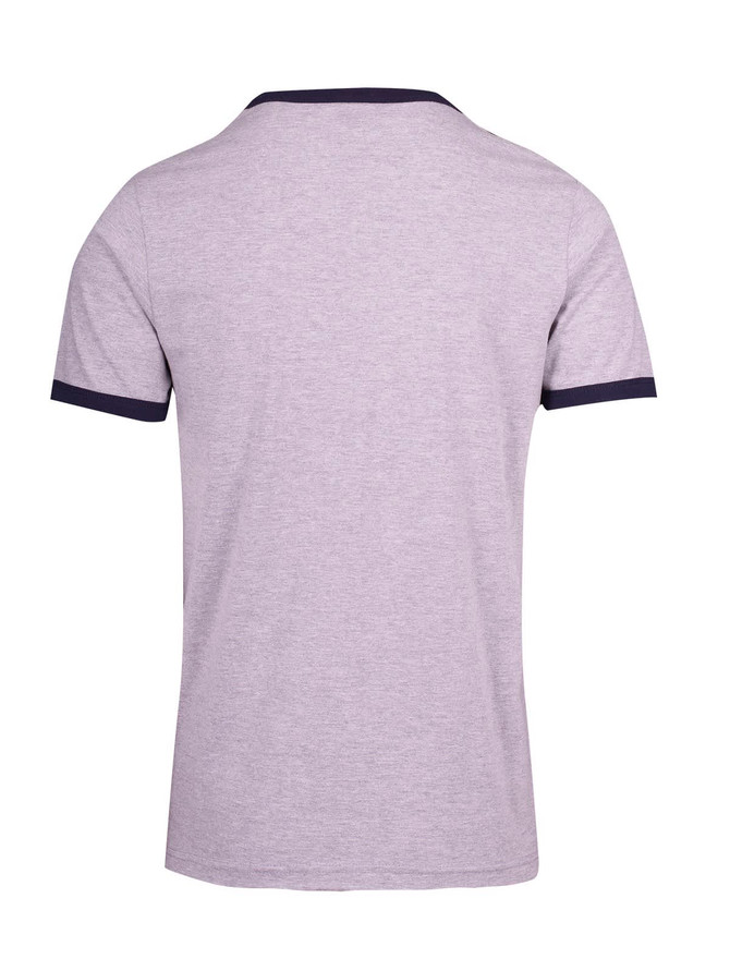 A grey unisex ringer T-shirt featuring a contrasting navy collar and sleeve trim, with a branding logo present.