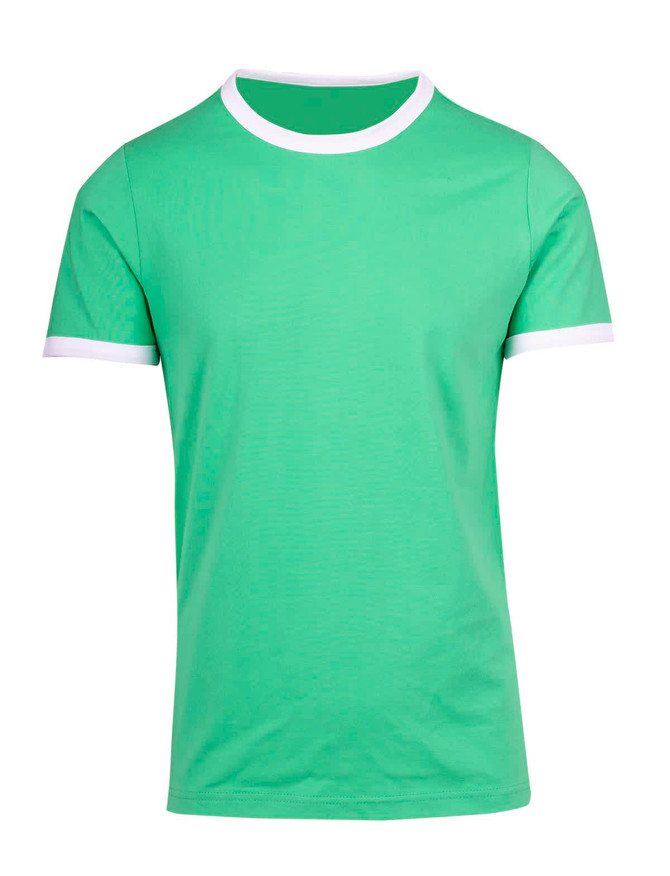 A green ringer T-shirt featuring white accents on the collar and sleeves, with a logo present.