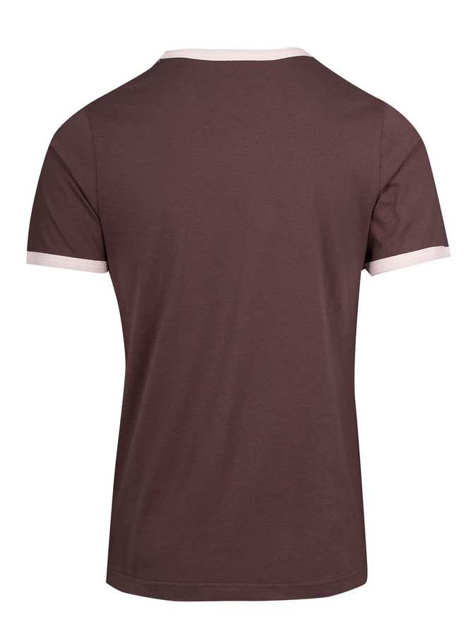 A brown unisex ringer T-shirt featuring white collar and sleeve trims, showcasing the back view.