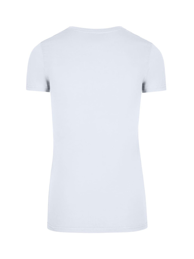 A light blue women's T-shirt with a round neck and short sleeves, featuring a logo on the back.