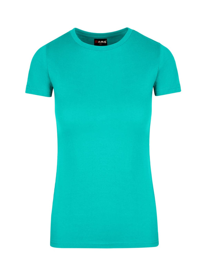 A turquoise women's t-shirt with short sleeves and a round neckline, featuring a logo on the label.