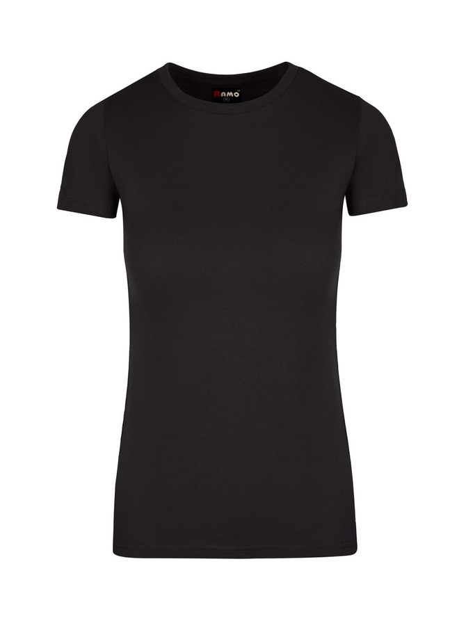 A black women's T-shirt with a classic crew neck and short sleeves, featuring a brand logo.