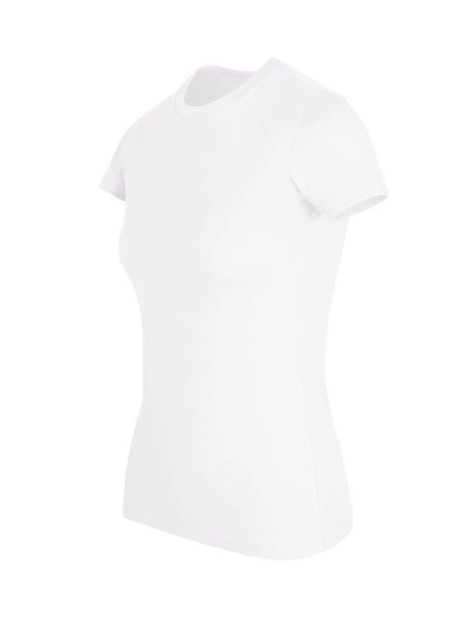 A women's slim fit tee in white, featuring a round neck and short sleeves. The shirt has a logo on it.
