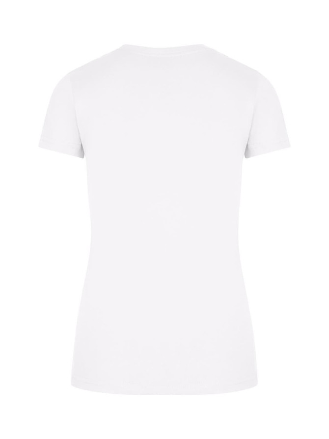 A white women's slim fit tee with short sleeves, featuring a plain back design.