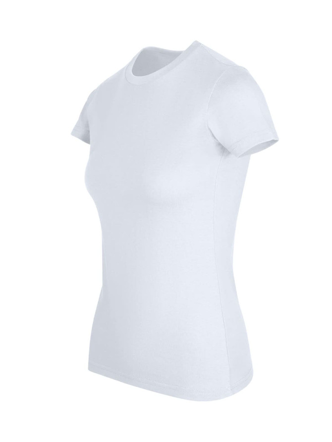 A women's slim fit tee in white, featuring a classic round neckline and short sleeves. It has a logo displayed.