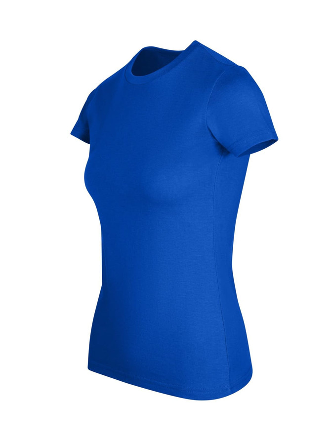 A women's slim fit tee in bright blue. The shirt features short sleeves and a classic crew neck design.