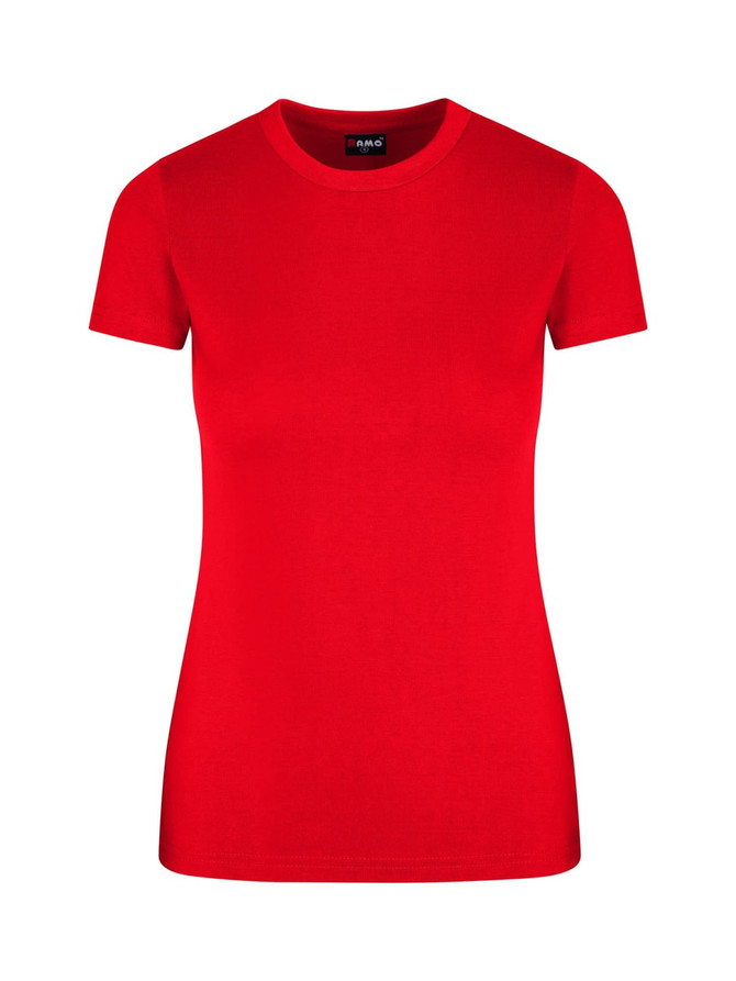 A red women's slim fit tee with short sleeves and a crew neck, featuring a logo on the label.