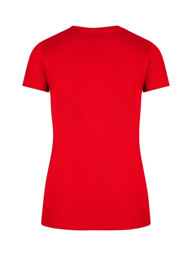 A red women's slim fit tee with a rounded neck and short sleeves, featuring a logo on the back.