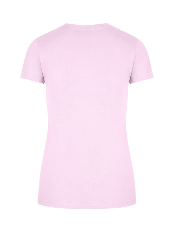 A pink slim fit women's t-shirt displayed from the back, featuring a simple design and a logo.