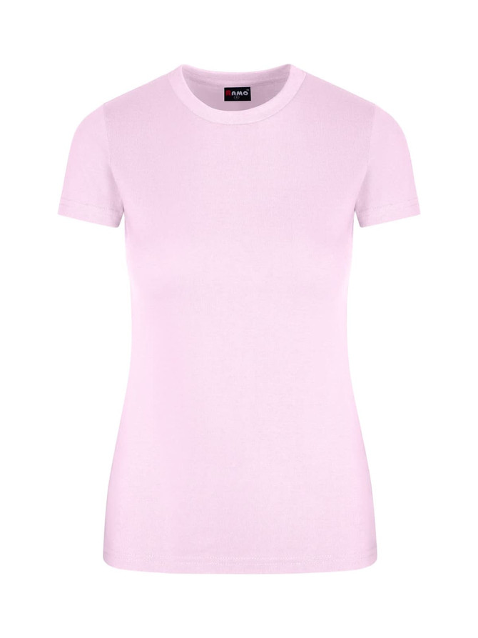 A light pink slim fit women's t-shirt with short sleeves and a branded neck tag.