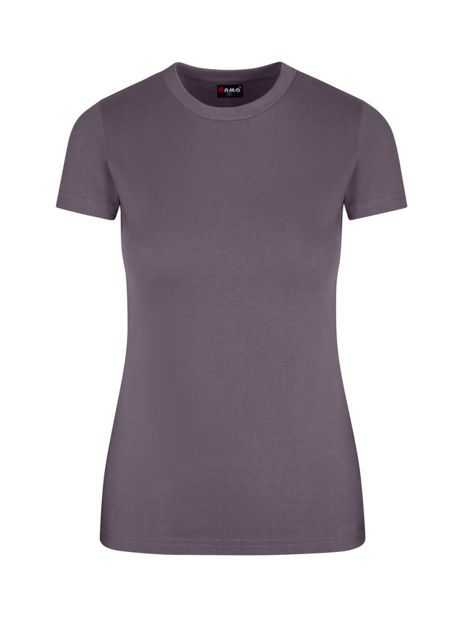 A women's slim fit tee in a solid grey colour with short sleeves and a round neckline. It features a logo tag.
