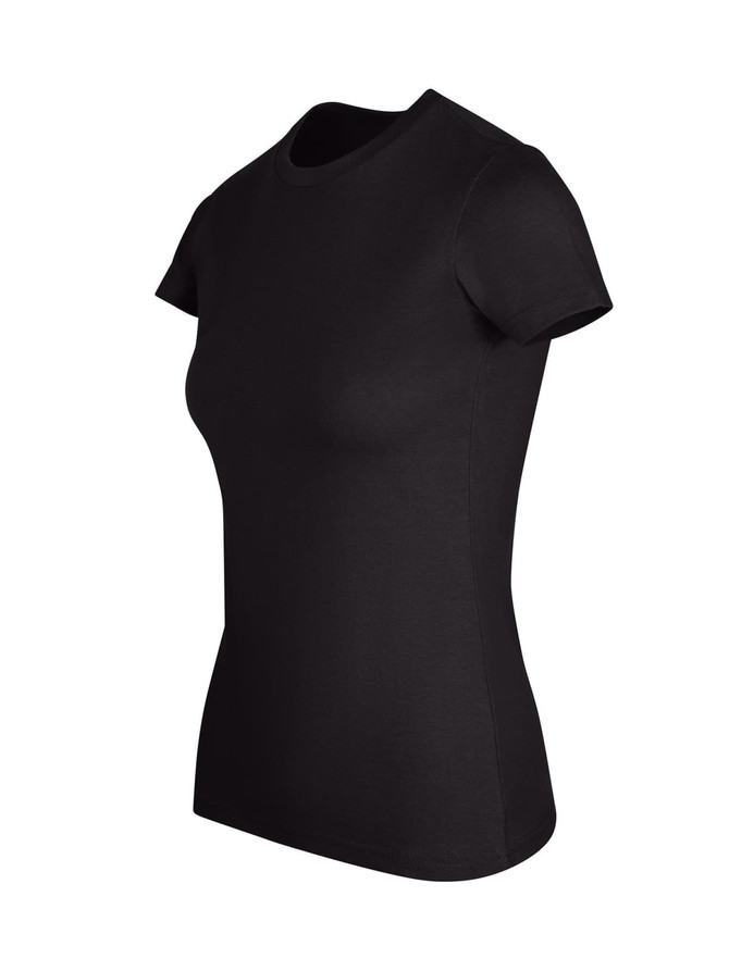 A black women's slim fit tee with short sleeves, featuring a simple design and a logo on the chest.