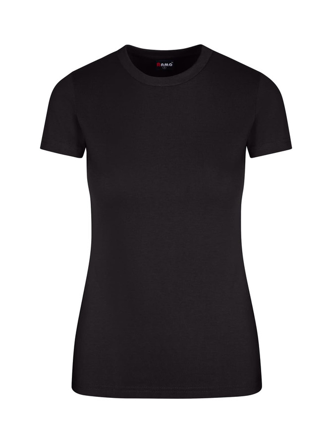 A black women's slim fit tee with short sleeves and a round neckline, featuring a logo on the tag.
