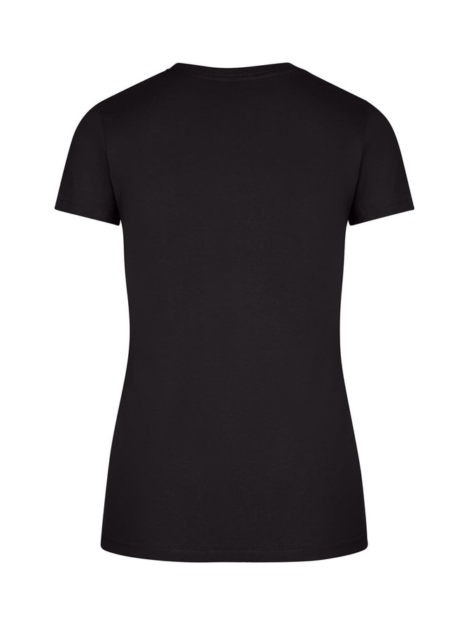 A black women's slim fit tee with short sleeves, featuring a plain back design and a logo.