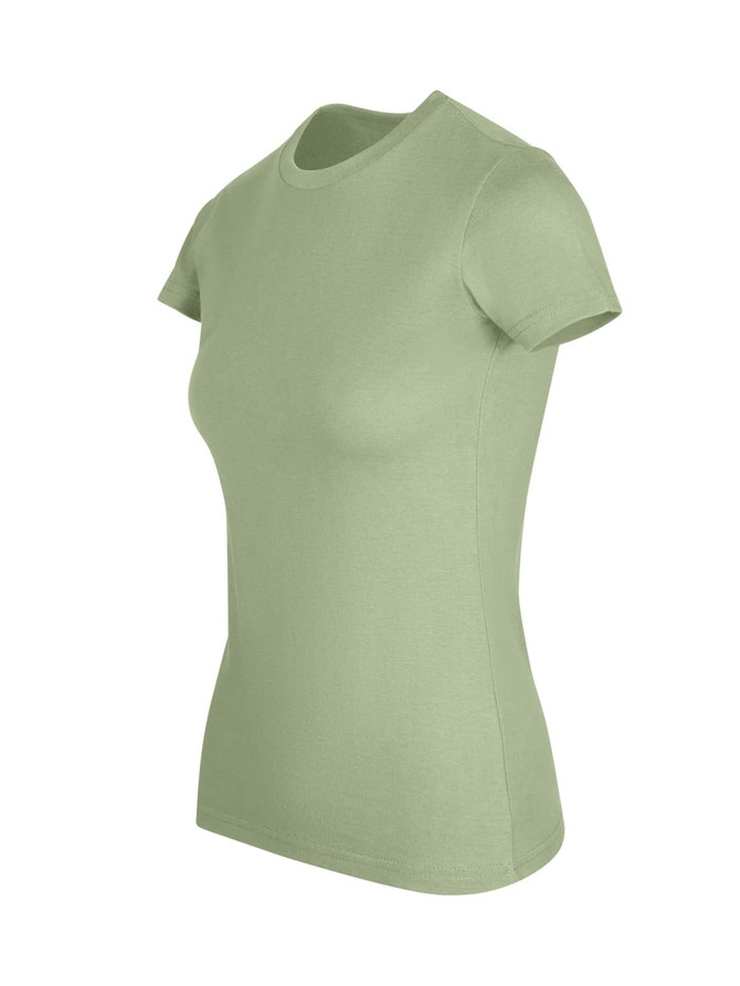 A women's slim fit tee in a soft green colour, featuring short sleeves and a round neckline. It has a logo.
