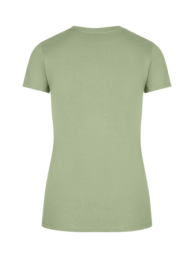 A women's slim fit tee in a soft green colour, featuring a simple design and short sleeves.