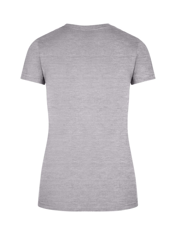A light grey women's slim fit tee with short sleeves and a rounded neckline, featuring a logo on the back.