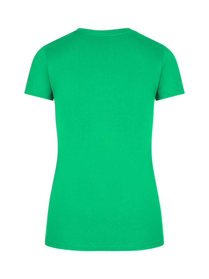 A women's slim fit tee in bright green, featuring a classic short sleeve and a plain back design.