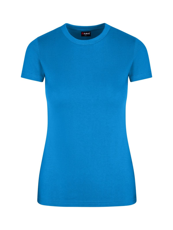 A bright blue women's slim fit tee with a round neckline and short sleeves, featuring a logo.