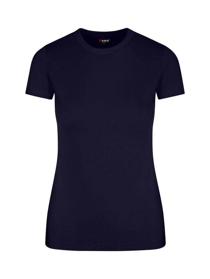 A women's slim fit tee in navy blue with short sleeves and a round neckline, featuring a logo.