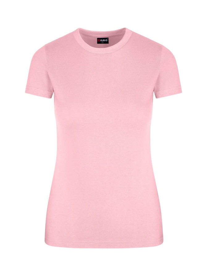 A pink women's slim fit tee with a round neckline and short sleeves. It features a label inside the collar.