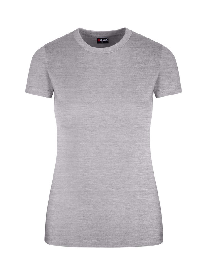 A women's slim fit tee in a light grey colour, featuring a round neckline and short sleeves. It has a logo on the neck label.