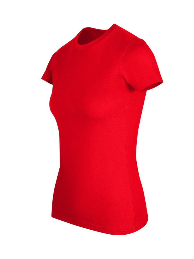 A red women's slim fit tee with short sleeves and a classic crew neckline. It features a logo on the sleeve.