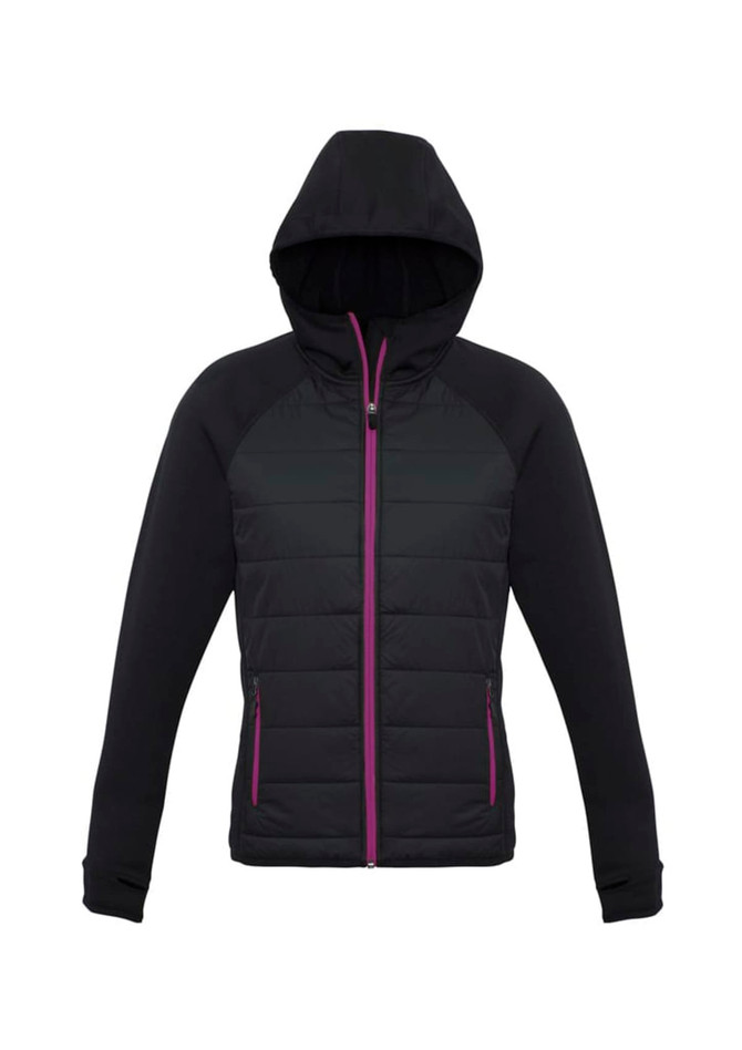 A black puffer jacket featuring a hood and purple accents, designed for women. It has a zip front and a logo.