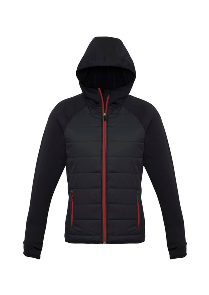 A black puffer jacket with a hood, featuring red zip details and a logo.