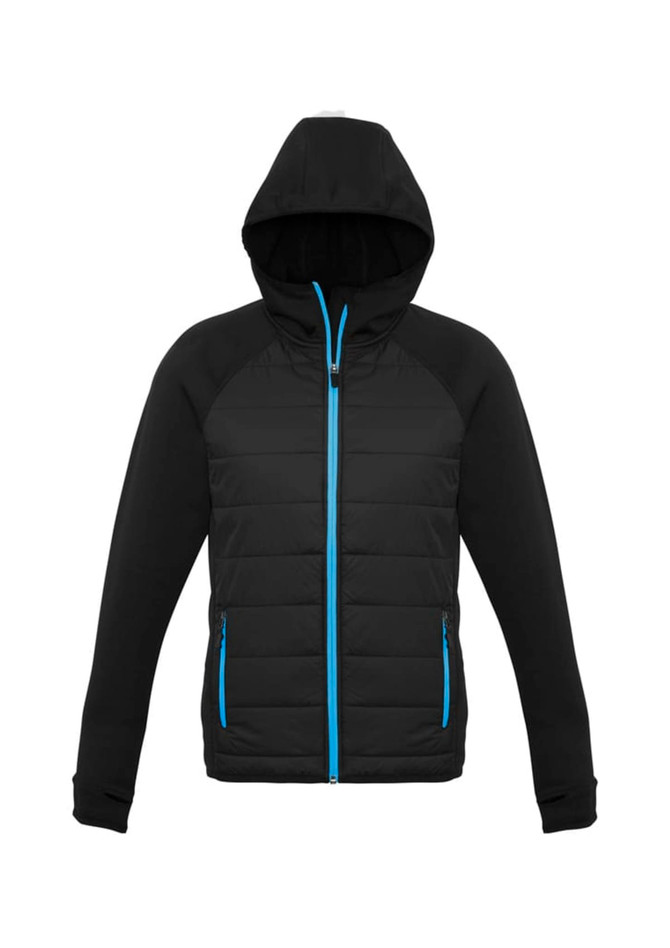 A black puffer jacket with a hood and blue accents, featuring a front zipper and a logo.