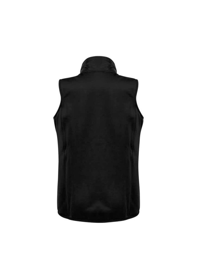 A black women's stealth vest with a high collar and a fitted design, featuring a logo on the back.
