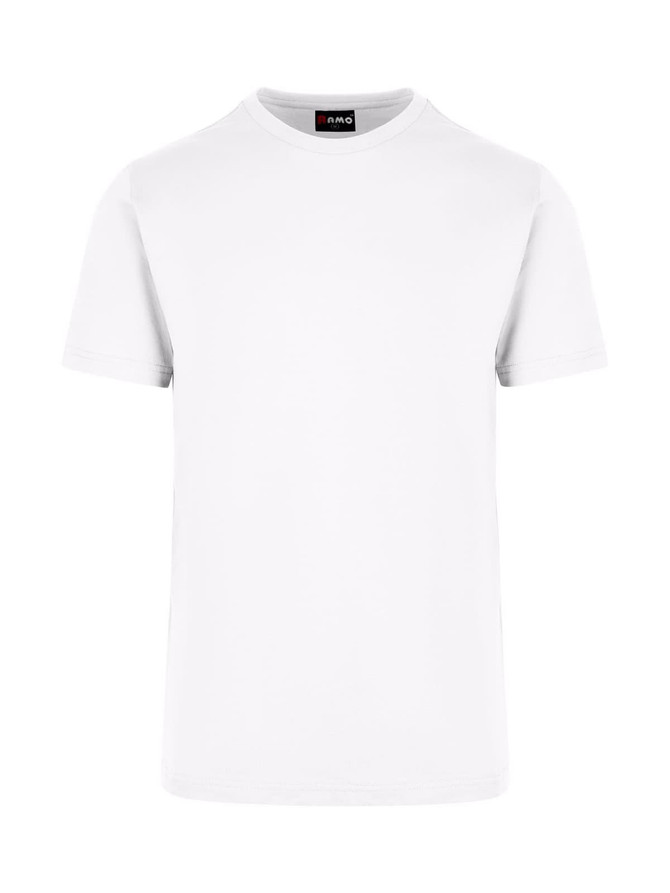 A plain white unisex t-shirt with short sleeves and a logo on the neckline.