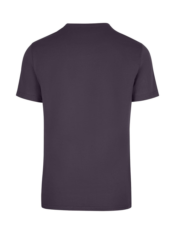 A unisex short-sleeved t-shirt in dark grey with a simple, plain design and a logo on the back.