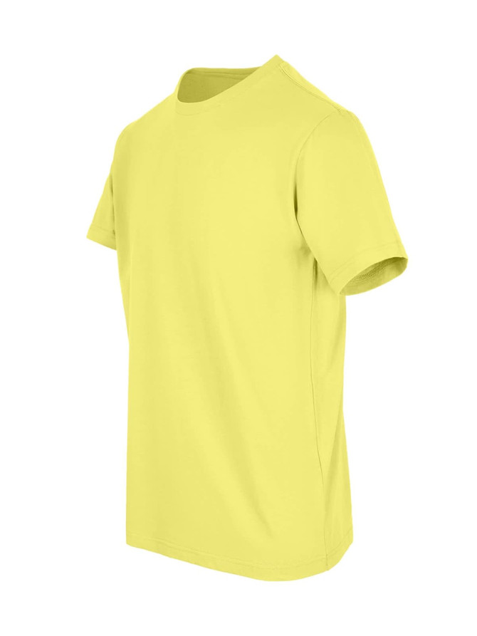 A bright yellow unisex American style t-shirt with short sleeves and a classic fit. It features a logo.