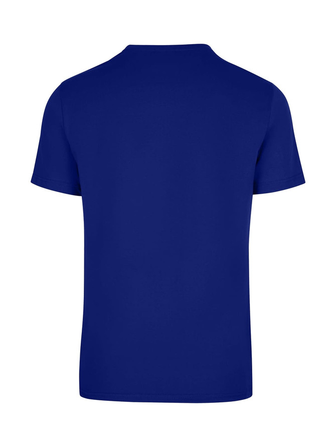 A blue unisex American style t-shirt with short sleeves and a plain back. It features a logo.