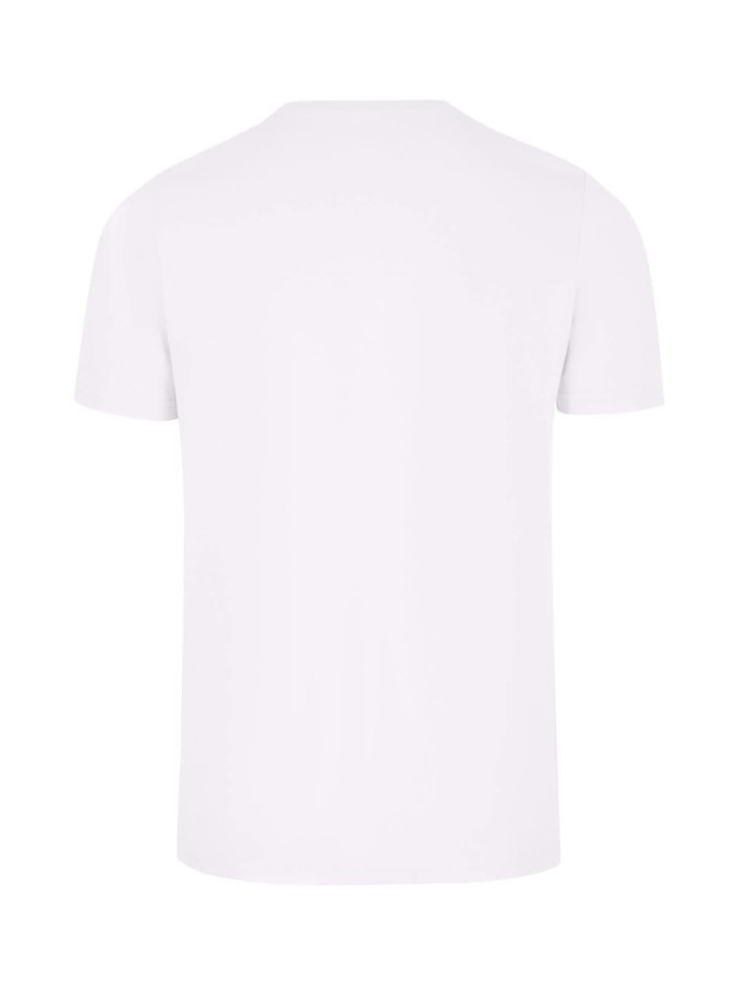 A white men's slim fit T-shirt with short sleeves and a plain back design. It features a logo.