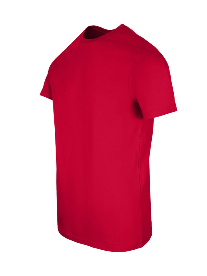 A bright red men's slim fit T-shirt displayed at an angle, featuring a round neck and short sleeves.