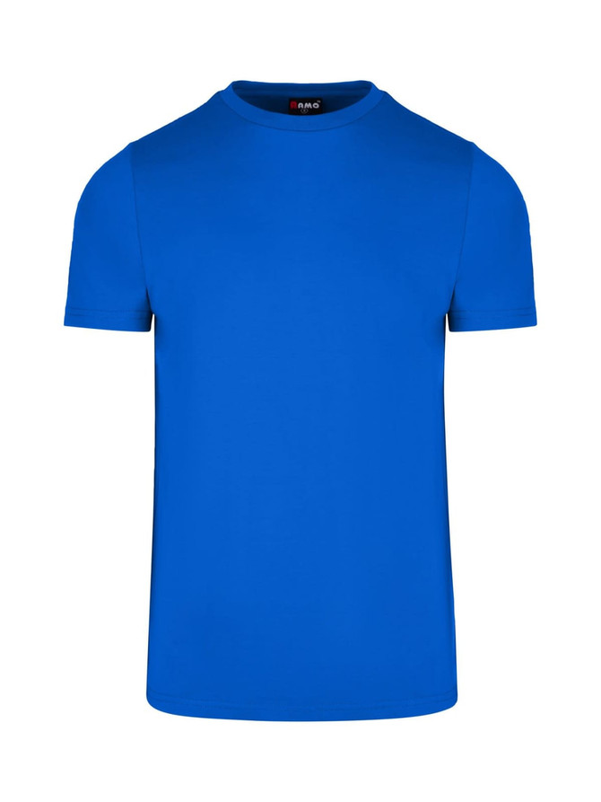 A blue men's slim fit T-shirt with a round neck and short sleeves. The shirt features a branding logo.