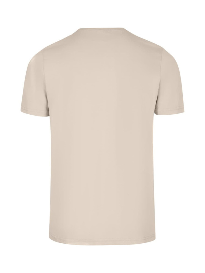 A beige men's slim fit T-shirt with short sleeves and a plain back design.