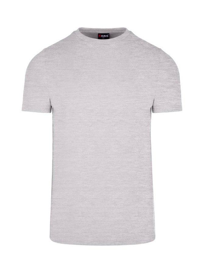 A grey men's slim fit T-shirt with a crew neck and short sleeves, featuring a subtle logo.