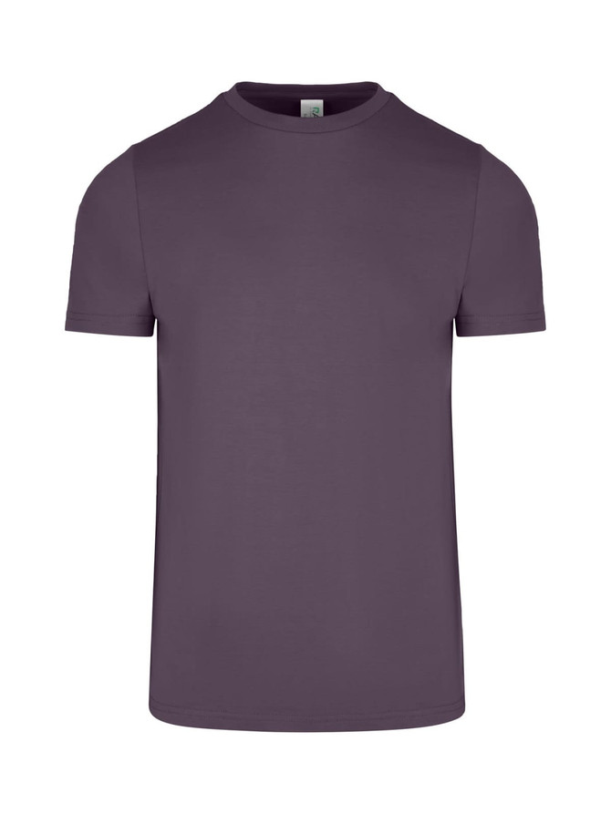 A men's slim fit T-shirt in a rich purple colour, featuring short sleeves and a round neckline.